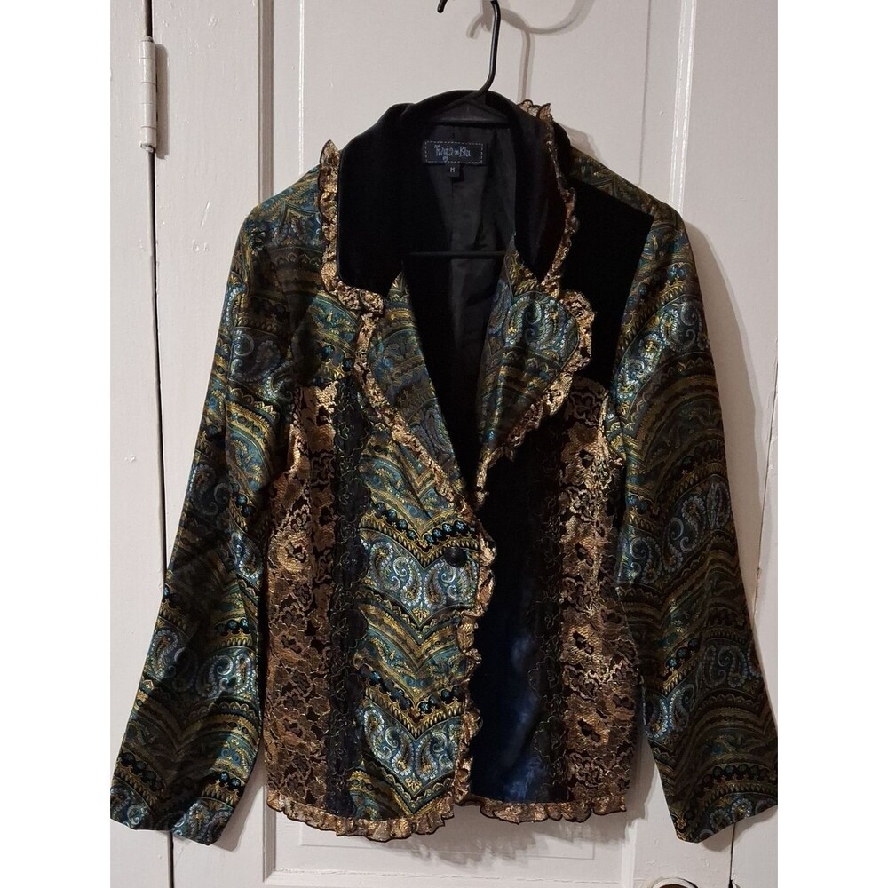 Paisley Brocade Velvet-Trim Blazer in Black, Gold & Teal (Mis433)